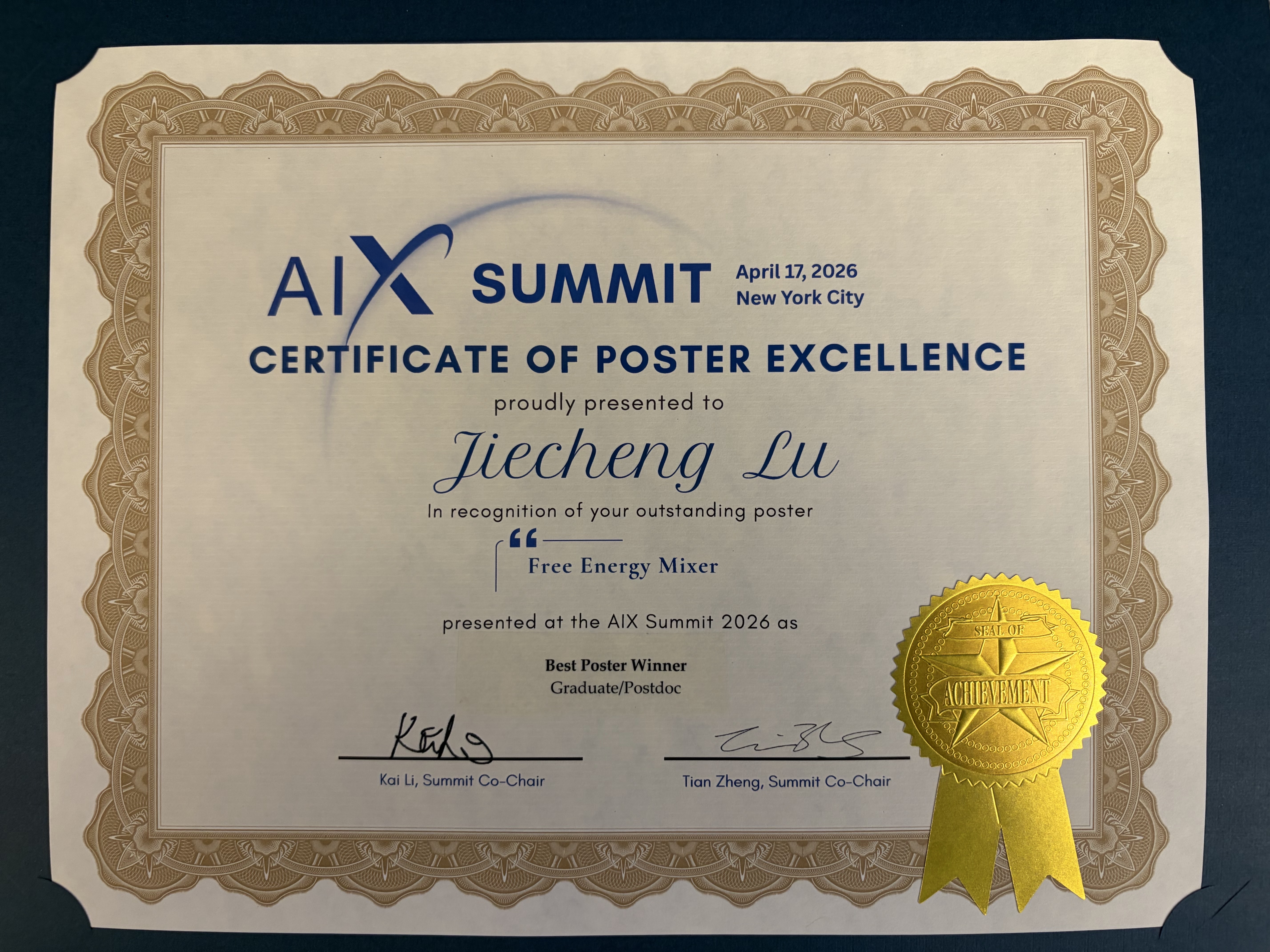 AASF AIX Summit 2026 Best Poster Award certificate
