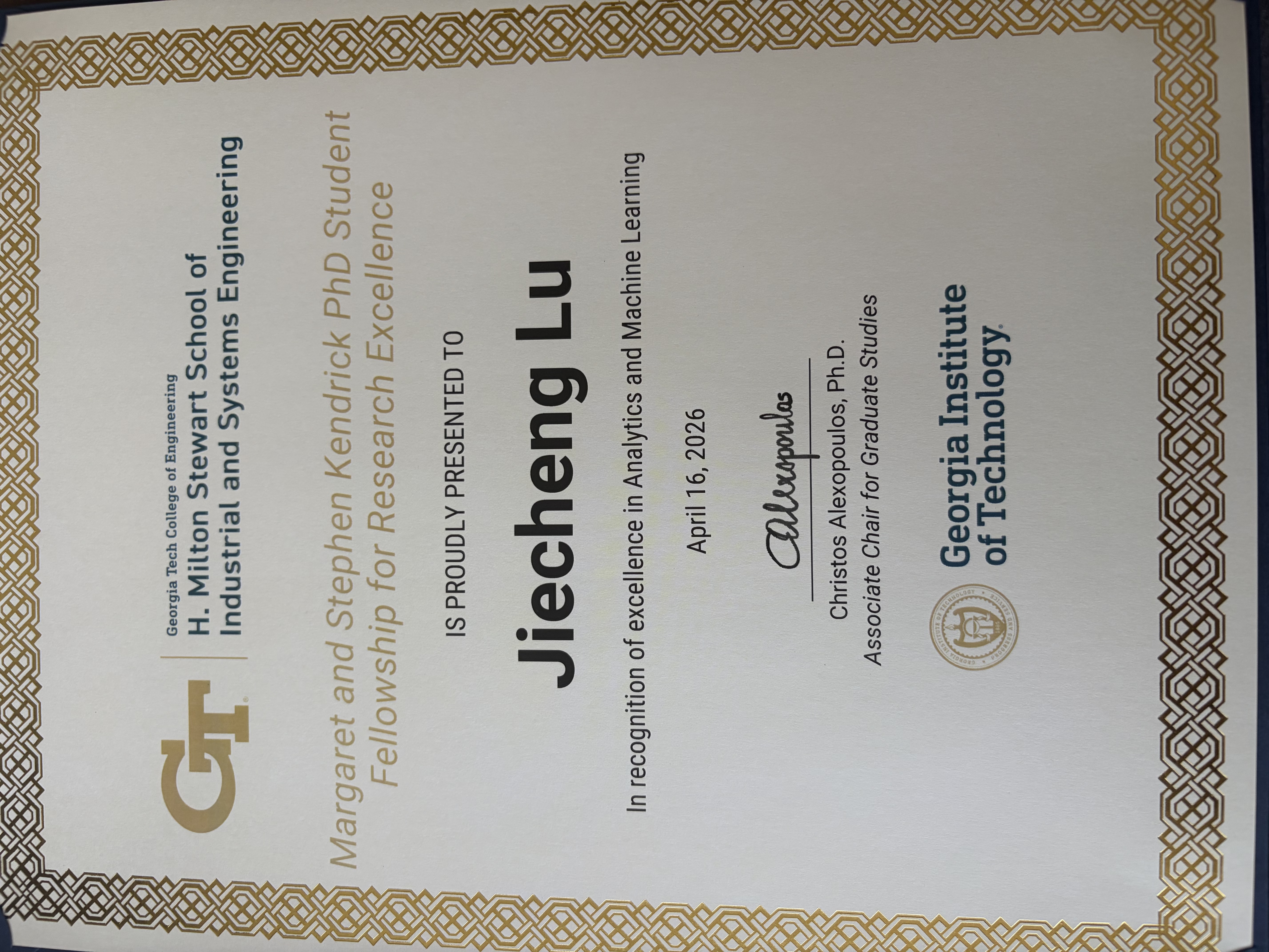 Margaret and Stephen Kendrick PhD Student Fellowship certificate